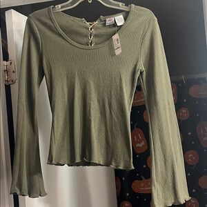 Anchor Blue Olive Lace-Up Long Sleeve Top